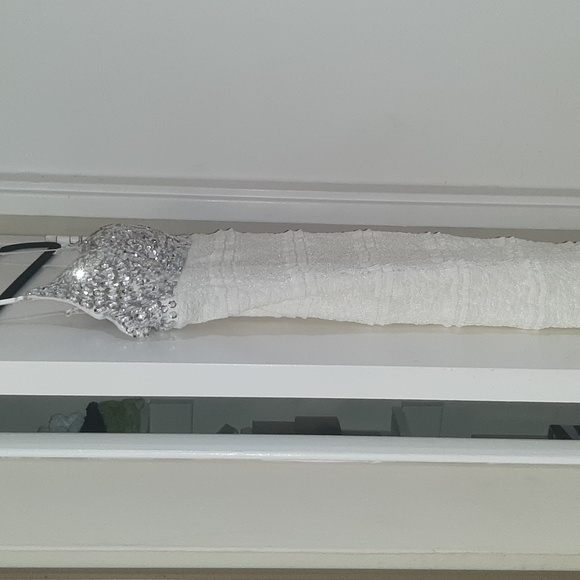 Mini Off-White Sheer Dress with Lace Overlay, Built-In Bustier, Cup Size 34B/C - Picture 5 of 6